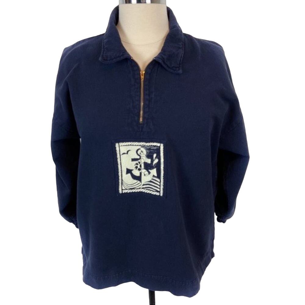 Anchor Shirt Top Vintage Nautical Navy White Popover 1/4 Zip SZ 1X Retro Beach